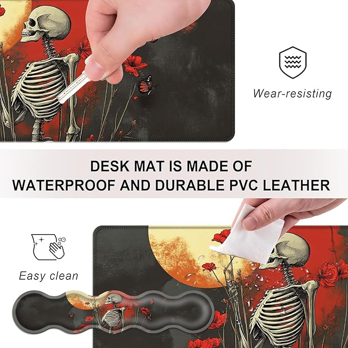Mouse PadLarge Desk Mat Set 4in1 XL Mousepad + Keyboard Wrist Rest+Mouse Wrist Rest+Coaster with Ergonomic Desk Pad for Home Office Table Computer Cover -Skeleton with Red Poppies