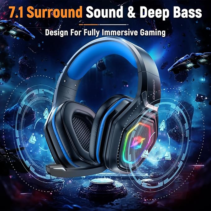 Ozeino 2.4GHz Gaming Headset Wireless with Flip Mic for Ps5 Ps4 PC Gaming Headphones with RGB Light 40Hr Battery Bluetooth Headset for Laptop Mobile Mac