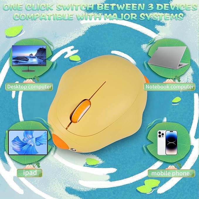 Cute Duck Bluetooth Wireless Mouse -RechargeableDual Mode Connection Silent Scroll Wheel 1600 DPI - Perfect for Laptops PCs and Tablets (Yellow)