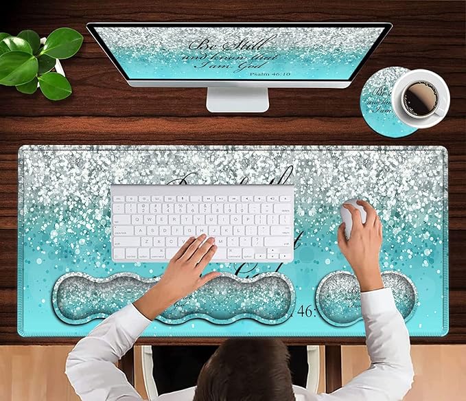 Keyboard Mouse Pad SetExtended Gaming Mouse Pad + Memory Foam Keyboard Wrist Rest Support Psalm 46-10 Blue Glitter Office Desk Mat Writing Pad Easy Typing Pain ReliefXXL Large Mousepad Desk Mat