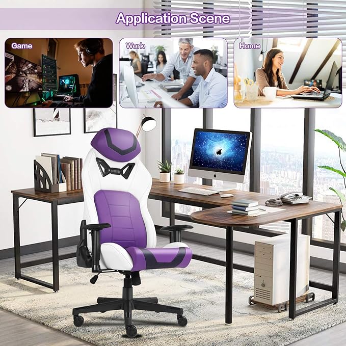 Modern-Depo Ergonomic Gaming Chairs for Adults with High-Density Memory Foam | Swivel Comfortable Office Chair Big and Tall Video Game Chair High Back Computer Chair for Home Office Purple White