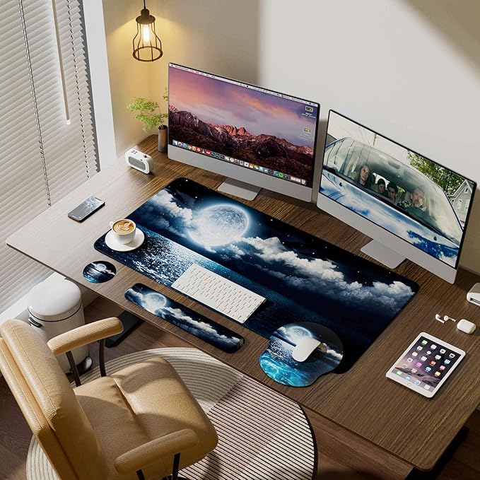 Desk Mat Set + Keyboard and Mouse Pad with Wrist Rest Support4-in-1 Large Mousepad Computer Mats for Desktop Home &amp Office-Night Moon