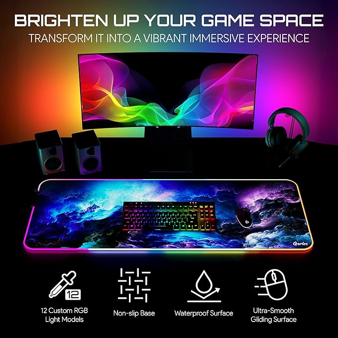 Gerlos RGB Large Gaming Mouse Pad Extended Soft LED Mouse Pad Non-Slip Rubber Base Water Resist Keyboard Pad Computer Mousepad 31.5×11.8 inches