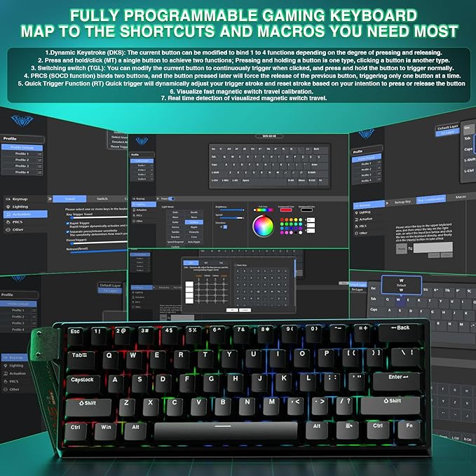 Aula WIN60 HE - 60% Mechanical Gaming Keyboard Wired Magnetic Switch Hot Swappable Adjustable Actuation Rapid Trigger Mode 8000 Hz Polling Rate RGB Small Keyboard 60 Percent Compact Design for PC