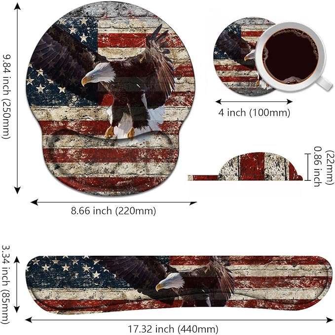 Keyboard Wrist Rest and Mouse Pad Wrist Support Set with Coasters Non-Slip PU Base Easy Typing and Relieve Wrist Pain Perfect for Home Office Working Studying Military Wall Graffiti USA Flag Eagle