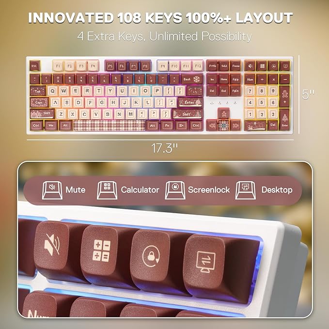 Redragon K668 Xmas Wired Gasket RGB Gaming Keyboard 108 Keys Mechanical Keyboard w/Extra 4 Hotkeys Upgraded Hot-swappable Socket Sound Absorbing Foam Christmas Gingerbread Man Themed Cute Keycaps