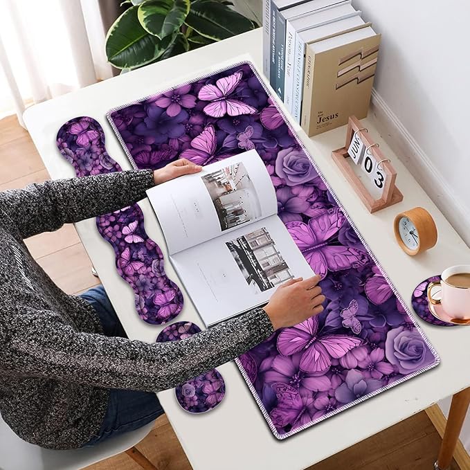 Mouse Pad Combo Large Gaming Mouse Pad + Keyboard Wrist Support + Mouse Wrist Rest + Coaster Table Pad 31.5 x 11.8 with Memory Foam Ergonomic Wrist Pad Set Butterflies Purple and Purple Flowers