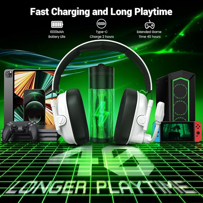 Wireless Gaming Headset with Noise Canceling Microphone for PC PS5 PS4 Switch Mac2.4 GHz Wireless &amp Bluetooth 5.4 Gaming Headphones Cool RGB Lighting 40Hr Battery 50mm Drivers(Pure White)
