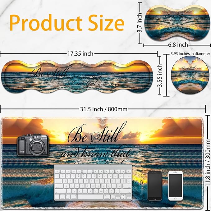 Large Mouse Pad Set Desktop Mouse Pad + Keyboard Wrist Pad + Mouse Wrist Pad + Coaster Ergonomic Memory Foam Multi-Functional Desk Mat - Sunset Beach