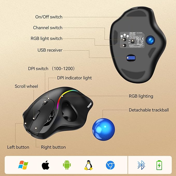 TECKNET Pro Wireless Trackball Mouse Bluetooth Mouse with Ergonomic Thumb Control USB-C Rechargeable RGB Light Mice with Adjustable DPI 3-Device Connectivity (BT or 2.4G)for PC/Mac/Laptop - Black