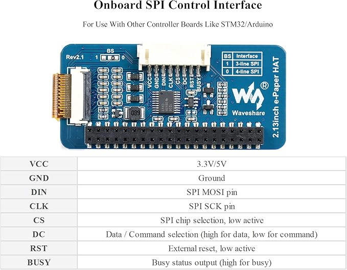 2.13inch E-Ink Display HAT V4 Version Compatible with Raspberry Pi 5/ 4B/3B+/3B/2B/A+/Zero W/Zero 2 W/Pico W/Pico 2WJetson Nano 250x122 Pixel e-Paper HAT SPI Interface Support Partial Refresh