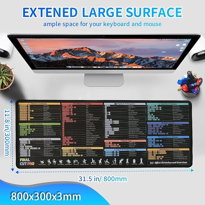 Final Cut Pro Shortcuts Mouse pad Extra Large Size Keyboard Shortcut Mat for PC Large Gaming Desk Mat Mousepad Stitched Edges Non-Slip Rubber Base Mouse Pads for Computers Laptop
