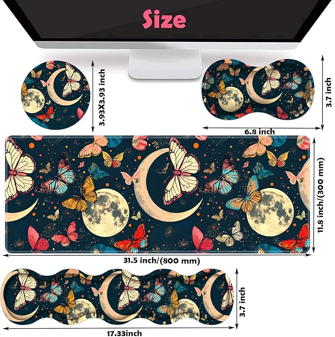Large XXL Gaming Desk Mat 31.5x 11.8 Ergonomic Keyboard Wrist Rest &amp Mouse Pad Wrist Rest + Coaster Set Non-Slip Base Memory Foam Office and Home Moon Butterfly