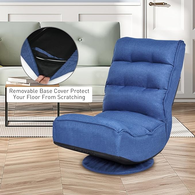 ERGOMASTER Reclining Folding Floor Gaming Chair for Home Office and Lounging Reading w/ 360-Degree Swivel 5 Adjustable Positions Tufted Cushions （Blue）