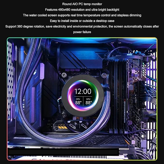 2.1inch AIO Computer Temp Monitor CPU Cooler LCD Display Screen Upgrade Kit PC Sensor Panel CPU Temp Monitor for Water Cooling Systems for aida64 (Black)
