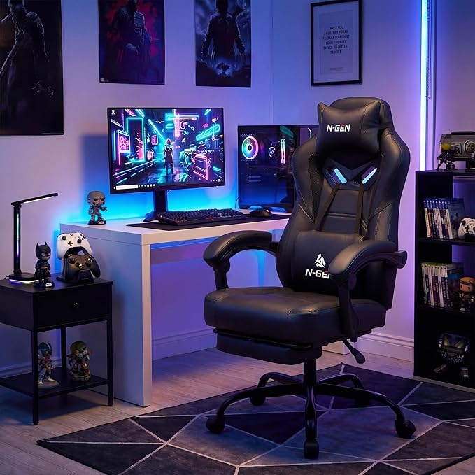 N-GEN GAMING Video Gaming Chair Big and Tall Office Computer Desk Chairs with Ergonomic Lumbar Support High Back Recliner and Footrest for Adults (Black)