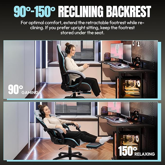 Dowinx Gaming Chair Big and Tall 350LBS Heavy Duty PC Gaming Chair with Massage &amp Footrest Ergonomic Reclining Gamer Chair with Embroidered Esports Design Grey