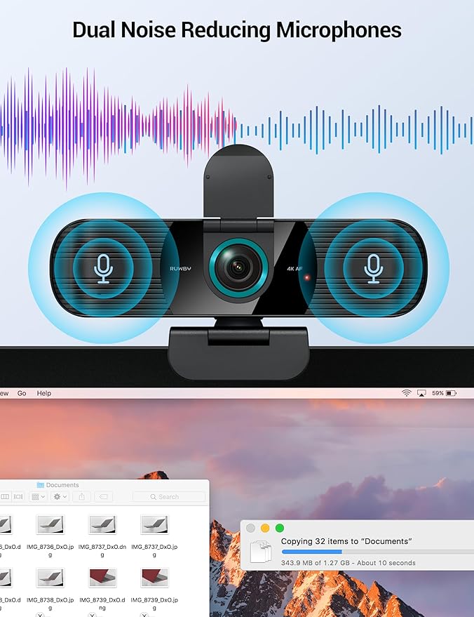 RUWBY Webcam with Built-in Microphone and Rotatable Tripod 1080P Video and Wide Angle Camera Privacy Cover (4K | 30fps | Type-C Cable | Detachable Tripod)