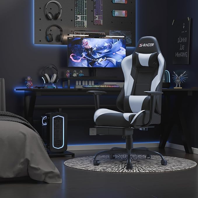 Homall Gaming Chairs Computer Chair with Footrest and Massage Lumbar Support Height Adjustable Game Chair with Headrest and Swivel Seat (White)