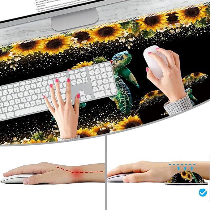 Extended Non-Slip Mouse Pad + Mouse Wrist Rest + Lace-Shaped Coaster Set Ergonomic Design Suitable for Desk and Home Gaming Table Mat Starry Night and Turtle Sunflowers