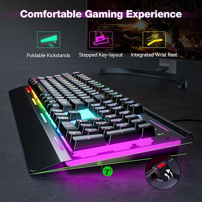 TECKNET Gaming Keyboard USB Wired Computer Keyboard 15-Zone RGB Illumination IP32 Water Resistance 25 Anti-ghosting Keys All-Metal Panel (Whisper Quiet Gaming Switch)