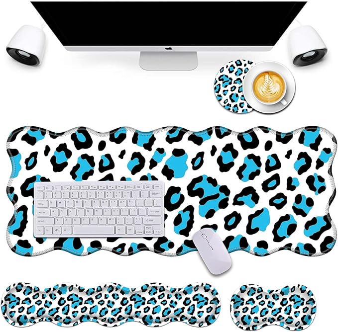 Bxgolkgd Desk Mat SetMouse Pad with Keyboard Wrist Rest &amp Mouse Wrist RestWave-Shaped DesignNon-Slip Rubber BaseErgonomic Desk Mat for HomeOfficeGamingBlue Leopard Print