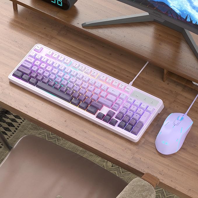 MageGee Gradient Purple Creamy Keyboard and Mouse ComboMageGee GK980 Wired RGB Backlit Keyboard and Gradient Purple Gaming Mouse ComboPC Keyboard and Adjustable Sensitivity Mouse for PC/loptop/MAC