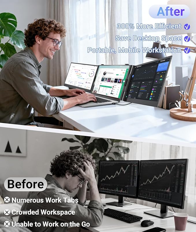 14 Triple Laptop Screen Extender Ultra-Thin FHD 1080P Portable Monitor 2.2lbs Lightweight Plug &amp Play Travel Monitor for 13-17 Laptops Compatible with Windows/Mac/Android/Chrome