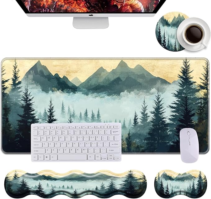 Keyboard Wrist Rest+Mouse Wrist Pad+Desk Pad SetMemory Foam Ergonomic Easy Typing Pain Relief for Computer Laptop Office Home - Mountain Stream