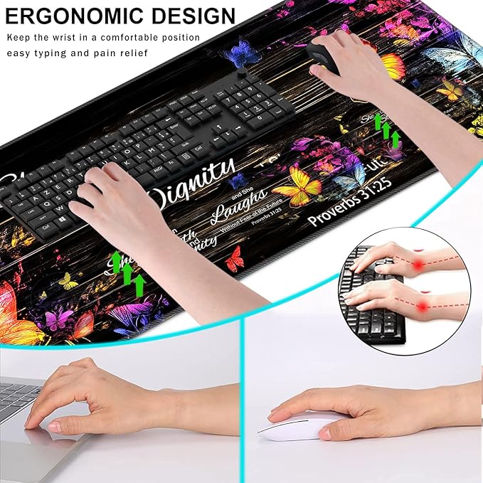 Keyboard Wrist Rest and Mouse Pad with Wrist Support Set Ergonomic CoasterMemory FoamEasy Typing Pain ReliefLarge XL Desk Mat 31.5x 11.8Floral Butterfly Bible Verse Proverbs 31-25
