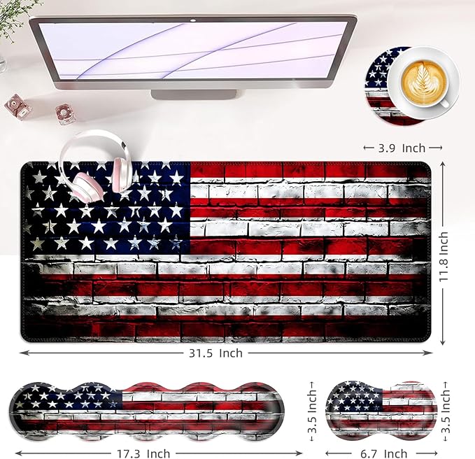 Large Keyboard Mouse Pad Set Extended Mouse Pad+Keyboard Wrist Rest Support Memory Foam Ergonomic Easy Typing 4Pcs (31.5×11.8 in) Desk Pad Set for Office HomeAmerican Flag on Brick Wall