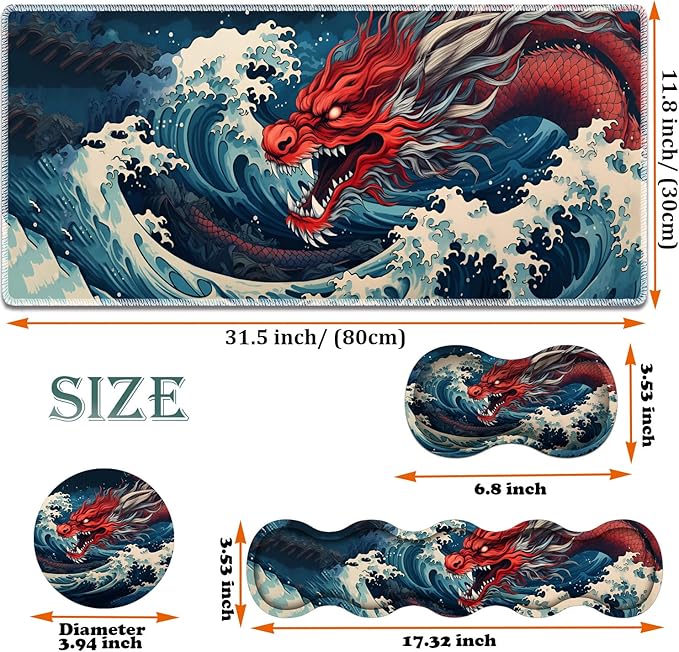 Large Gaming Mouse Pad + Keyboard Wrist Rest + Wrist Support + Coaster Set Memory Foam Ergonomic for Easy Typing XXL Extended Gaming Mouse Pad Table Pad - Sea Wave Red Dragon