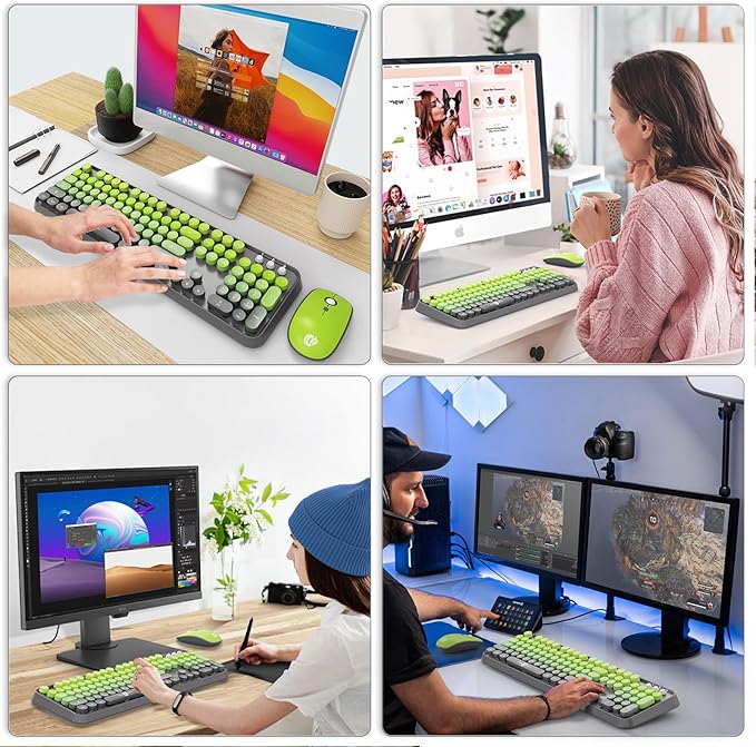 FOPETT Wireless Keyboard and Mouse Combo 104 Keys Full-Sized 2.4 GHz Round Keycap Colorful Keyboards USB Receiver Plug and Play for Windows Mac PC Laptop Desktop (GradientMatchaGreen)