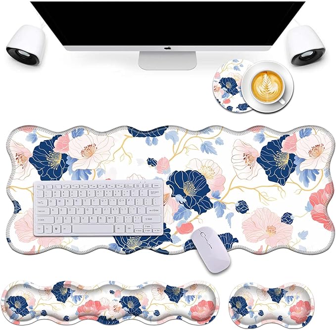 Bxgolkgd Desk Mat SetMouse Pad with Keyboard Wrist Rest &amp Mouse Wrist RestWave-Shaped DesignNon-Slip Rubber BaseErgonomic Desk Mat for HomeOfficeGamingAbstract Flowers