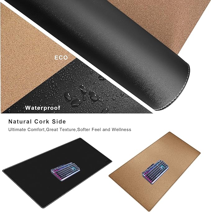 Mydours Dual-Sided PU Leather Desk Mat 31.5x19.7 - Extra Large Cork Backing Mouse Pad for Office &amp Home Premium Writing Surface Waterproof Computer Desk Pad Protector for Laptop and Keyboard