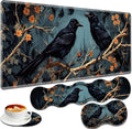 Large Gaming Mouse Pad + Keyboard Wrist Rest + Wrist Support + Coaster Set Memory Foam Ergonomic for Easy Typing XXL Extended Gaming Mouse Pad Table Pad - Branch Crow