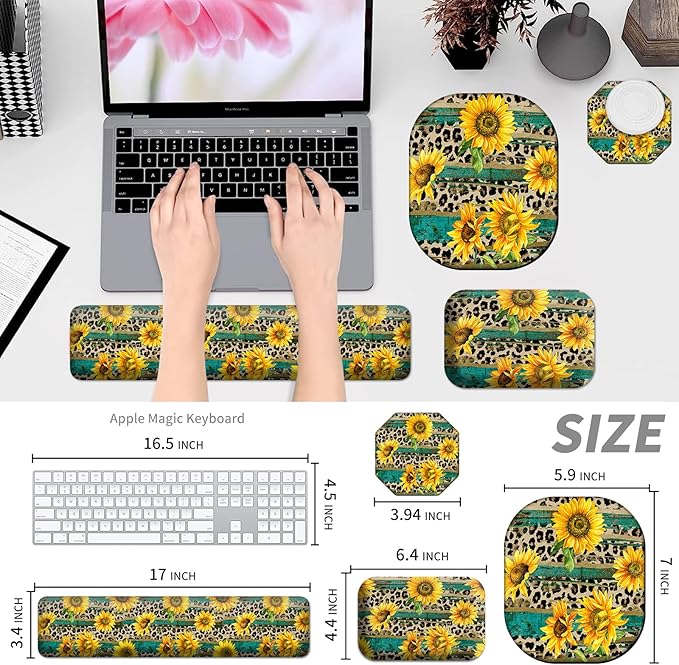 Keyboard Wrist Rest and Mouse Pad Set Keyboard Wrist Support + Small Mouse Pad + Elbow Arm Rest Pad + Coaster Ergonomic Memory Foam Wrist Rest for Computer Keyboard Leopard Sunflower