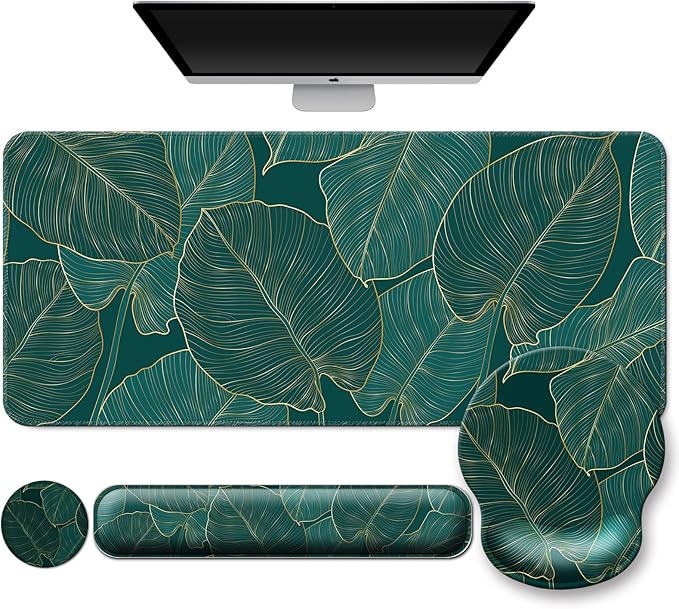 Mouse Pad + Desk Mat + Keyboard Wrist Rest + Coaster 4 in 1 Set Cute Ergonomic Large Gaming Mousepad with Wrist Rest Support Desk Pad for Computer Laptop Office Home Decor-Leaves 2