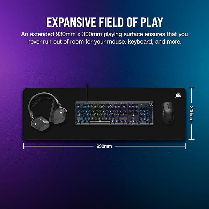 Corsair MM500 v2 Hybrid Cloth Gaming Extended Mouse Pad – 93cm x 30cm – Spill-Proof Coating – Anti-Fray Stitched Edges – Non-Slip Rubber Base – Black