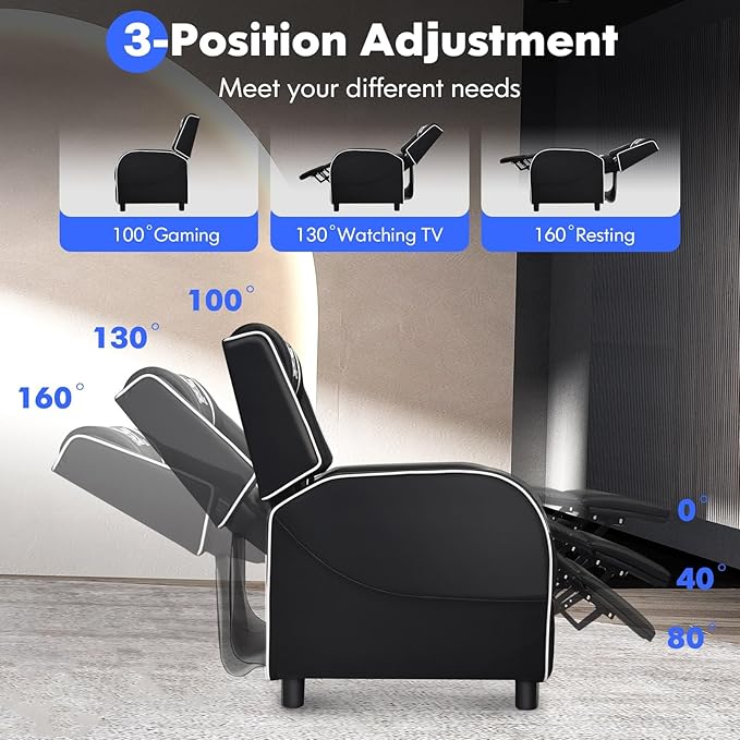 GYMAX Gaming Recliner Massage Gaming Chair with Adjustable Backrest Footrest Remote Control &amp Side Pocket Ergonomic Game Lounge Chair Racing Style Single Theater Seat Game Sofa for Adults (Whi