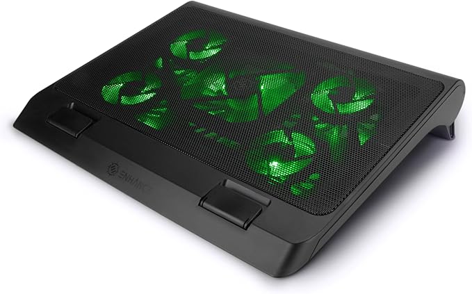 Enhance Gaming Laptop Cooling Pad Stand with LED Cooler Fans Adjustable Height &amp Dual USB Port for 17 inch Laptops - 5 Ultra Quiet High Performance Fans 2630 RPM &amp Built-in Bumpers - Green