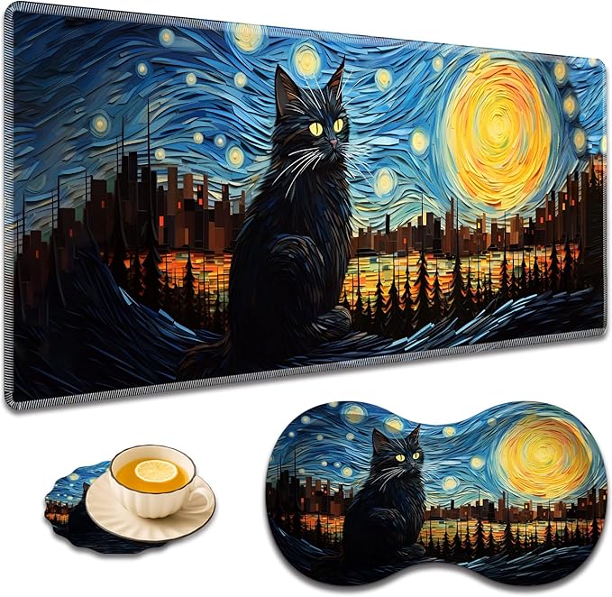 Large Game Mouse Pad + Wrist Support Pad + Coffee Coaster Desk Pad with Sewn Edges Anti-Slip Set pad Suitable for Office Work and Home - Art Moon Starry Night
