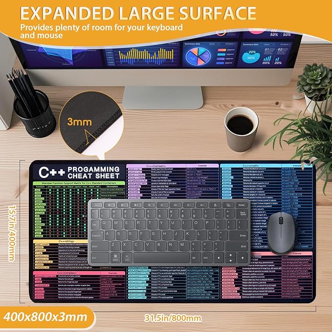 C++ Mouse Pad XL Large Mousepad for C++ Cheat Sheet Extended Gaming Pad for Mouse and Keyboard High Definition Printing StitchingWashable Anti Slip Desh Mat