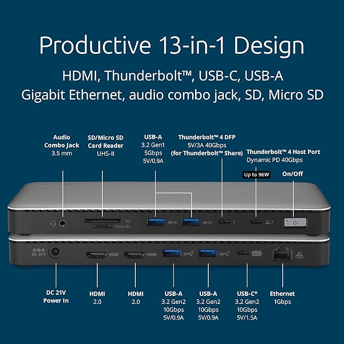 Kensington SD5768T EQ Thunderbolt 4 Docking Station Dual 4K@60Hz via HDMI/TB4 Ports 96W Charging SD/Micro SD Card Slots Ethernet Audio Supports Thunderbolt Share (K35381NA)