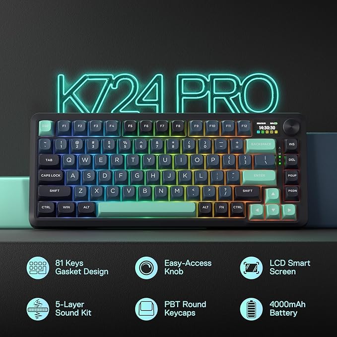 Redragon K724 PRO Wireless Gasket Gaming Keyboard w/Hype Screen &amp Knob 81-Key Mechanical Keyboard Easy-Control 1.14’’ TFT Info Display 5-Layer Noise Dampening Custom Linear Switch Dark Jade C