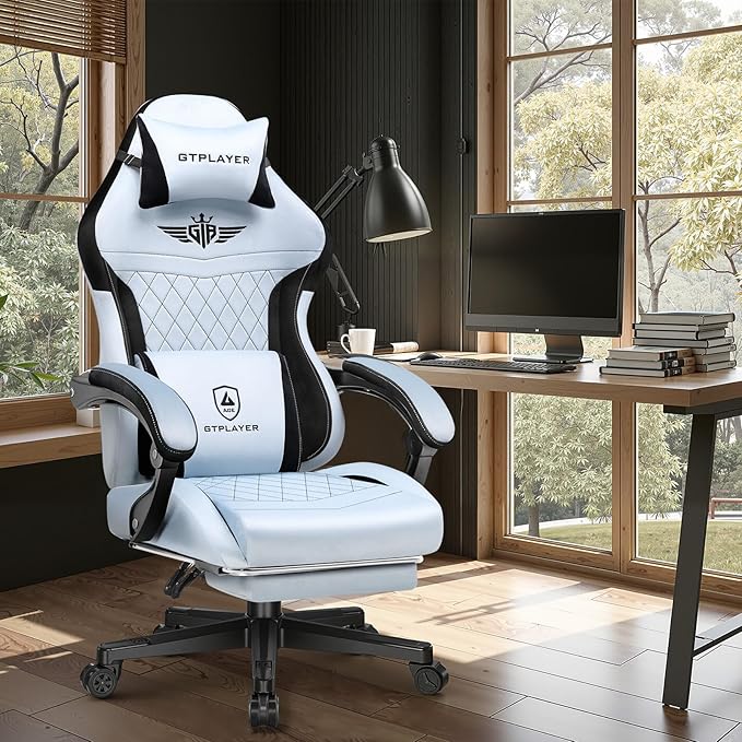 GTPLAYER Gaming Chair with Footrest Big and Tall Game Chair High Back Computer Office Chair with Lumbar Support for Adults Ergonomic Swivel Games Chair with Cushion Gaming Fabric Light Blue