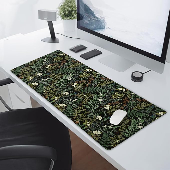 Black Aesthetic Vintage Botanical Gaming Mouse Pad Extended 3XL Cute Forest Green Plant Nature Floral Large Big Mousepad Non-Slip Stitched Edge Long Mat for Desk Computer47.2x23.6 Inch120x60 CM