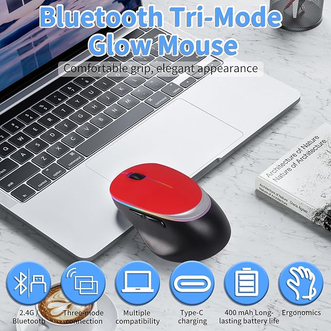 Type-C RGB Wireless Bluetooth Mouse - Ergonomic Rechargeable Silent Clicks for Laptops and PCs - Ideal for Office and Gaming Use (Red)
