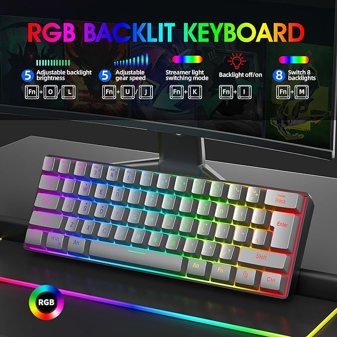 Snpurdiri 60% Wired Gaming Keyboard RGB Backlit Ultra-Compact 61 Keys 60 Percent Mini Gaming Keyboard for PC/Mac Gamer Typist Travel Easy to Carry on Business Trip(Iron Grey)