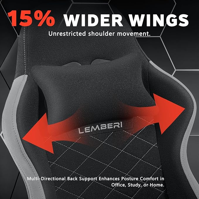 LEMBERI Gaming Chair Fabric Big and Tall Video Game Chairs for Adults with FootrestRacing Style Ergonomic Computer Gamer Chair with Headrest and Lumbar Support (Gray)